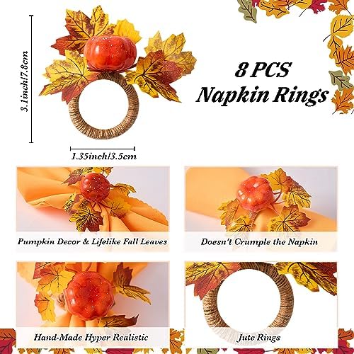 Fall Thanksgiving Decorations Set of 16, Fall Cloth Napkins & Napkin Rings