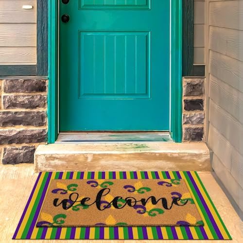 Tinideya 2 Pcs Mardi Gras Layered Welcome Mat for Front Door