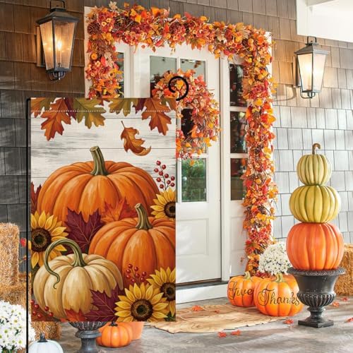 Fall Pumpkin Farmhouse Garden Flag 12x18 Sunflowers Maple Leaves Yard Decor