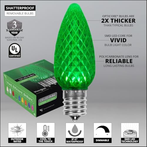 Wintergreen Lighting 25’ OptiCore LED Green Pathway Christmas Lights, C9 Outdoor Christmas Lights, 4.5” Stakes, Green Wire Plug String Lights