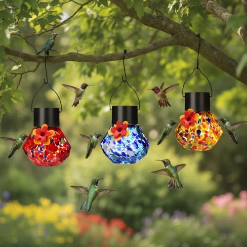 Nuogo 3 Pcs Blown Glass Hummingbird Feeder Gift Solar LED, Color D, Novel