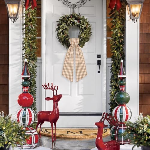 2 Pack Wreath Sash for Front Door Boxwood Wreath Sash Garland Front Door Porch Decor(White and Beige Plaid)