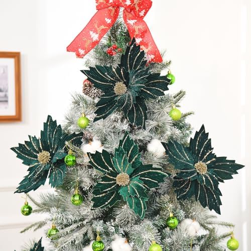 6 Pcs 12" Large Glitter Poinsettia Artificial Christmas Flowers with Stems Xmas Tree Wreath Ornaments New Year Home Wedding Party Decor (Dark Green)