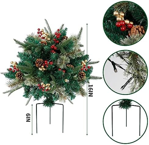 Glintoper Lighted Artificial Christmas Urn Filler, Pre-lit Xmas Pine Trees with Cones, Golden & Red Berries, Tripod Stake and 60 LED Lights, Outdoor Light Up Planter Filler Holiday Home Decor, 2 Pack