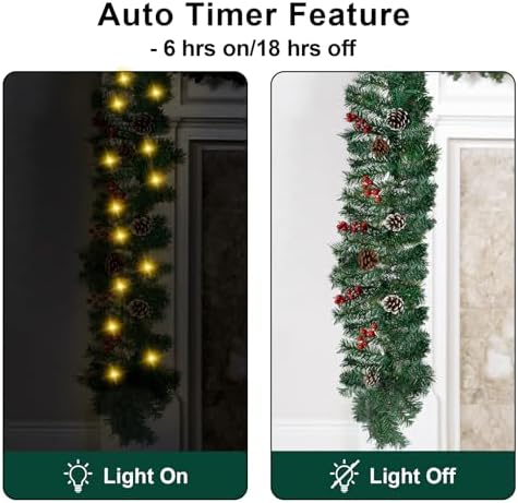 10Ft Christmas Garland with 50 LED Lights - 3 Pack Pre-lit Outdoor Xmas Garland with Timer - Pine Garland with Red Berries Snow Pine Cones - 10 Foot by 10 Inch