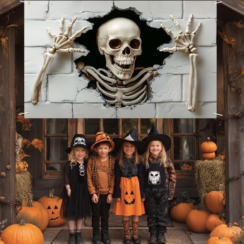 118"x35" Extra Large Happy Halloween Banner Big Spooky Halloween Backdrop for Giant Outdoor Yard Easy Hang with Ropes&Grommets–Perfect for Fence, Porch, Garden, Haunted House Party Signs (Skull, 71"x43")