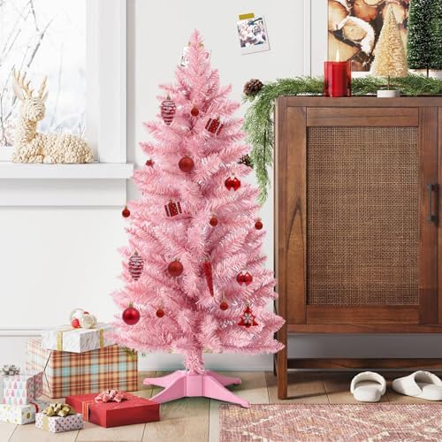 4ft Artificial Christmas Tree, Mini Xmas Pine Tree with 4-Leg Stable Plastic Base, Small Tabletop Christmas Tree for Home Office Holiday Party Indoor Decoration