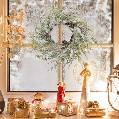 Winlyn 4 Pcs Artificial Frosted Cedar Pine Candle Rings Christmas Candle Holder Rings Wreaths Pine Cones Red Pip Berries Mini Window Mirror Wreaths 14.6" Wide for Winter Holiday Table Farmhouse Décor