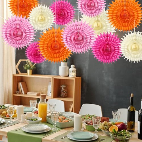 12PCS Paper Fans Hot Pink and Orange Party Decorations Tissue Paper Flowers Decorations for Girl Groovy Birthday Baby Shower Wedding Bachelorette Room Wall Hanging Décor