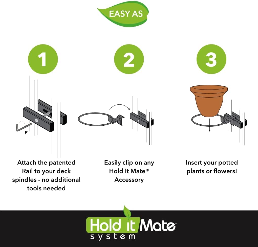 Deck Railing Plant Container Holder/Bracket Kit for Round Pot Planters (10") Connects Harmlessly to Vertical Spindled