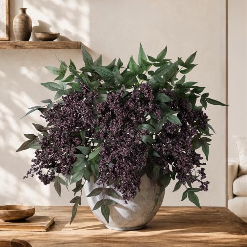 Artificial Plants Indoor 3 Pcs 35 Inch Faux Berry Stems for Vase Artificial Flowers Indoor for Wedding Holiday Seasonal Farmhouse Mantel Table Centerpiece Dark(Purple)
