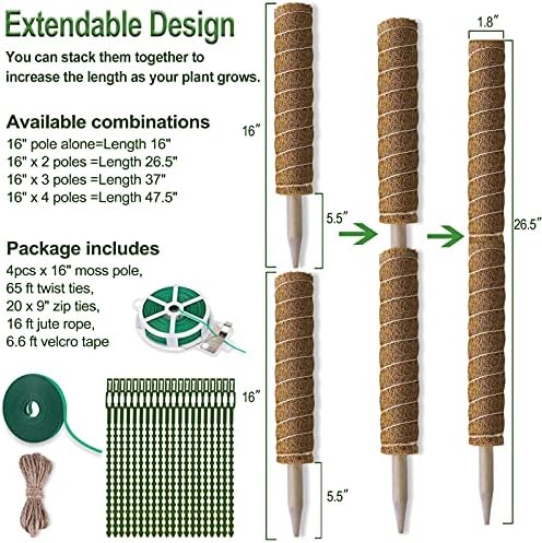 Fabulas Moss Pole 47.5 Inch - Monstera Plant Support, 4 Packs 16 Inch Plant Stakes for Indoor Plants Coco Coir Moss Pole Sticks for Climbing Potted Live Plants, Pothos, Philodendron, with Garden Ties