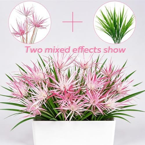 12Pcs Artificial Grass Plant, 16.5" Fake Tall Grass Pink White Flower