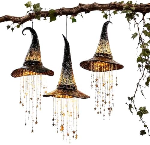 Lighted Witch Hat Hanging Chime, Spooky Witch Hat Lamp with Cascading Stars