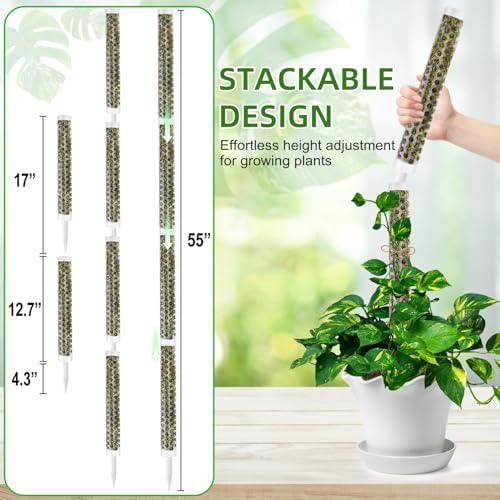 Fabulas 55 Inch Moss Pole Monstera Plant Support, 4 Pack 17 Inch Plant Support Stakes for Indoor Climbing Plants, Stackable Sphagnum Moss Pole Sticks for Garden Potted Planter, Pothos, Philodendron
