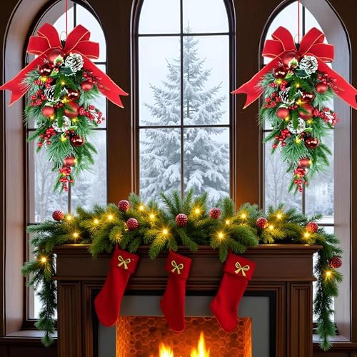 YULETIME 24" Christmas Teardrop Swag, Red Bowknot & Baubles 20 Fairy Lights
