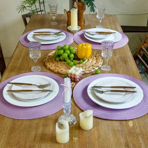FunWheat Round Braided Placemats Set of 4 Table Mats for Dining Tables Woven Washable Non-Slip Place mats 15 inch(Lilac Purple,4pcs)