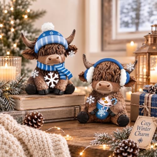 Karenhi 2 Pcs Highland Cow Figurines Resin Winter Decor for Tabletop
