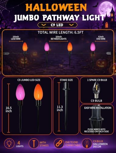 Halloween C9 Oversized Pathway Lights, 4 Pack LED Purple/Orange Stakes