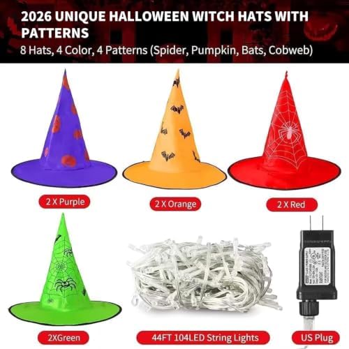MZD8391 44FT 104LED Halloween Decoration, 8PC Lighted Hanging Witch Hats