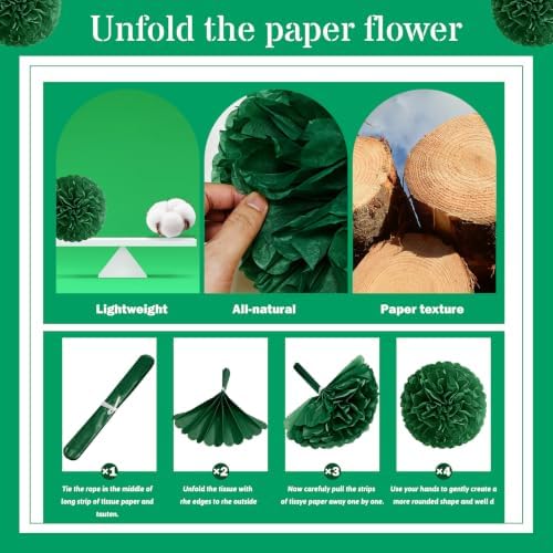 Recosis Black Green Party Decorations, 18 Pcs Paper Pom Poms Decorations