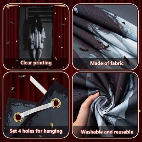 Halloween Door Backdrop Banner Ghost Girl Creepy Devil Go Crazy Terror Theme Scary Halloween Party Decoration Supplies for Women Men 80x35 Inch
