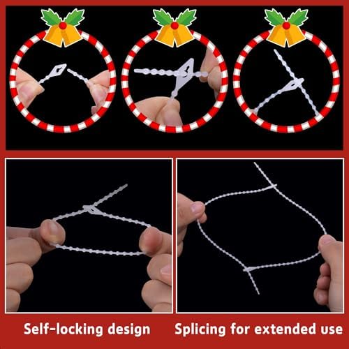 codree 100 Pcs Reusable Christmas Garland Ties, Adjustable Beaded Loop Cable Ties Garland Hanger, Flexible Decorative Hanging Christmas Lights Tie for Xmas Tree Wreath Stairways Banister Decoration