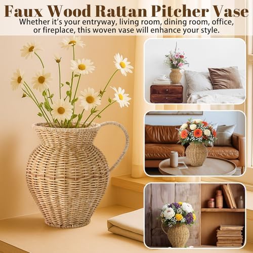 Faux Rattan Vase Wicker Vase Country Style, Single Handle, 9" h