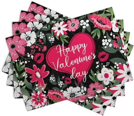Happy Valentine's Day Placemats Set of 4 Valentine Flowers Love Heart Place Mats Pink Red White Floral Linen Table Mats Seasonal Black Placemat for Anniversary Wedding Party Kitchen Dining Decor