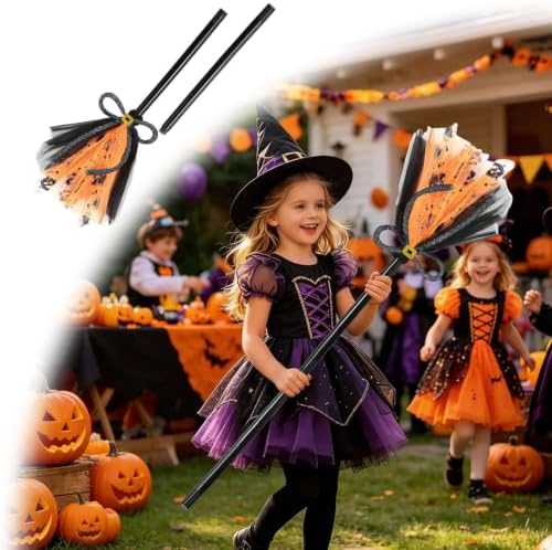 Halloween Witches Broom, Purple Wizard Broom for Halloween Decorations, Plastic Spider Broom Witch Broomstick, Halloween Witch Decoration Props, Witch Costume Accessories (Black#B)