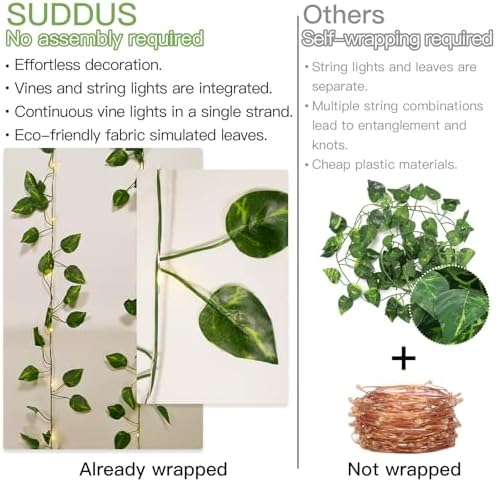 suddus 13.1FT 40LED Pothos Vine with Lights Battery Operated Copper Wire