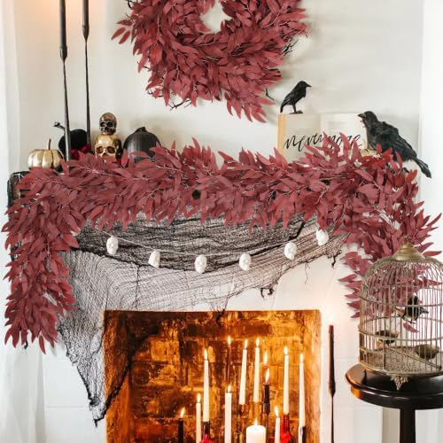 RECUTMS 2Pcs Faux Willow Leaves Vine 6Ft Full Burgundy Fall Garland