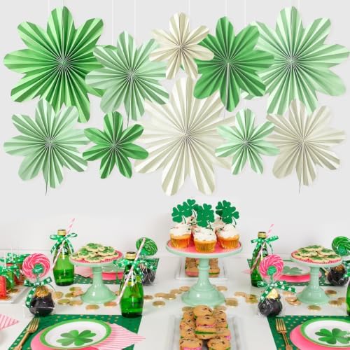 Green Paper Flower Sage Green White Paper Hanging Fans for Wall(10Pcs)