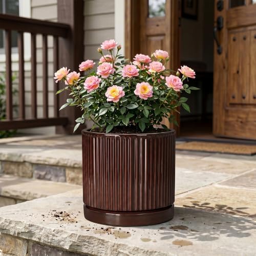 10 Inch Ceramic Plant Pots, Round Flower Pots with Saucer, Brown