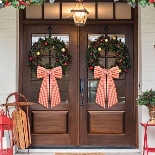 2 Pack Wreath Sash for Front Door Boxwood Wreath Sash Garland Front Door Porch Decor(White and Orange Plaid)