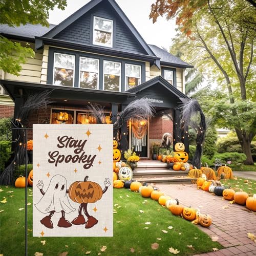 Halloween Garden Flag Funny Ghost Pumpkin Star Burlap Double Sided Flag Stay Spooky Farmhouse Holiday Yard Outdoor Decoration 12.5x18 Inch