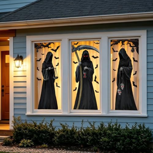 Halloween 3 Sheet Large Window Cling Grim Reaper Bat Decals Stickers Decor