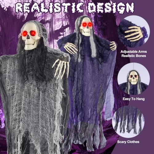 Halloween Decorations Outdoor, 3 Pack Glowing Eyes Hanging Skeleton Ghosts