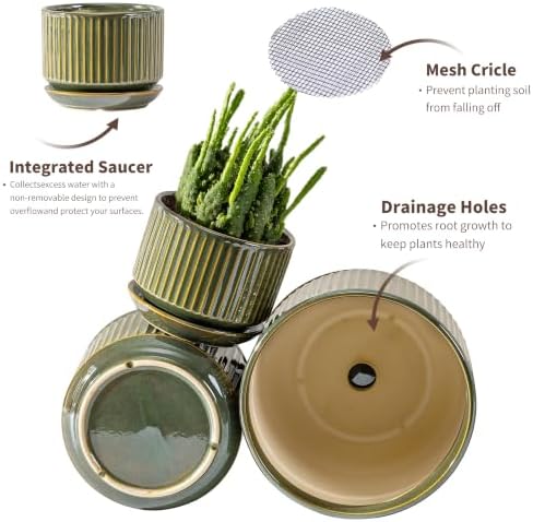 SURE YUESI Ceramic Plant Flower Pots for Indoor Plant, 4.33"+5.5"+6.88", Set of 3, Orchid Pot with Drainage Hole, Saucer and Hole Mesh Pad for Succulents, Herbs and African Violet (Light Green)