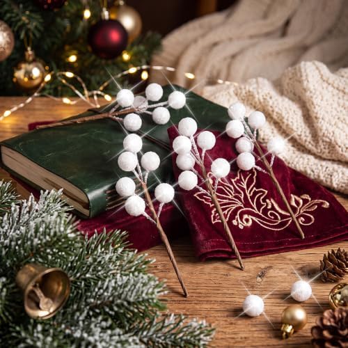 Tatuo 360 Pcs Glitter Ivory Holly Berries on 60 Stems, Christmas Winter