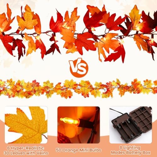 2Pack 9Ft 50 LED Maple Leaf Garland Battery Operated with Timer,8 Modes Waterproof Fall Decorations for Home Fall Garland with Lights for Fall Thanksgiving Table Harvest Home Indoor Decorations