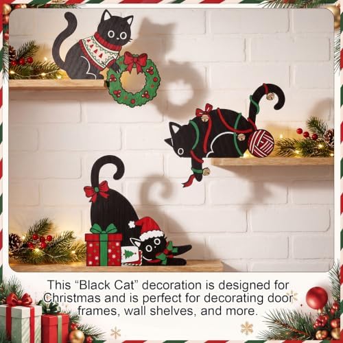 Bucherry 3 Pcs Christmas Black Cat Wooden Door Frame, Corner Decor