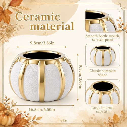 Beeveer 3.7 Inch Ceramic Pumpkin Vase, White and Gold Striped Flower Vase