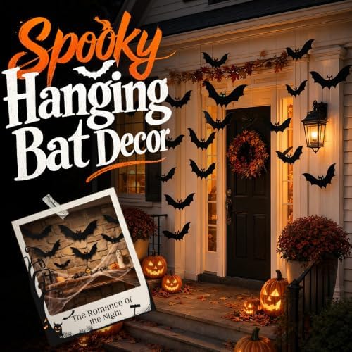 Hanging Bats Halloween Decoration Outside, 2026 Upgraded Light Up Bat Decor, Versatile Bat Party Decorations (24, Green, Small)