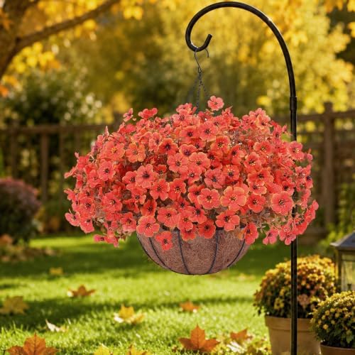 2 Set Artificial Fake Mums Flowers Plants with Hanging Basket for Outdoor,2 Hanging Planters with 24 Pcs Faux Plastic Silk Mums Fall Flowers for Outside Autumn Porch Garden Patio Home Decor (Orange)