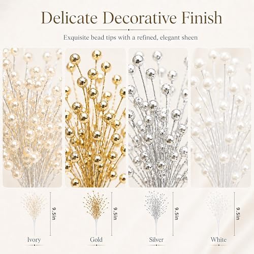 50 Pcs Gold Pearl Beaded Stems for Floral Arrangements and Christmas Decor