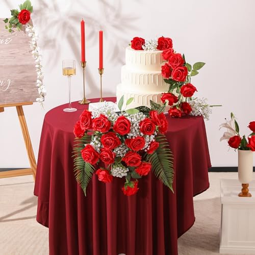Red Fake Roses Artificial Flowers - 10 Pcs Fake Artificial Roses Silk Flowers with Stems for Home Wedding Hotel Office Centerpiece Decor