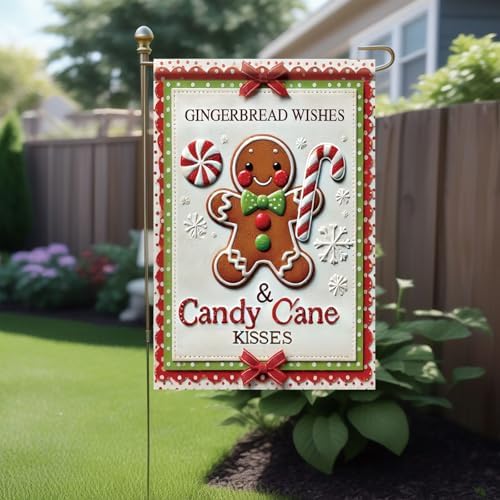Christmas Garden Flag Gingerbread Man Candy Cane Wishes 12x18 Inch Double Sided Outdoor Winter Holiday Yard Banner Peppermint Cute Festive Lawn Decoration for Porch Patio Garden