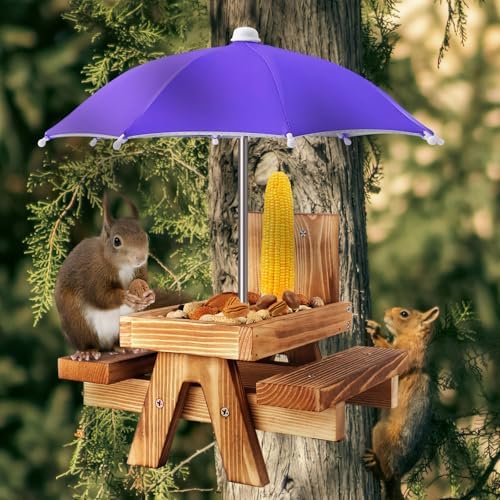 Gnodary Squirrel Feeder with Umbrella, Squirrel Feeders for Outside, Squirrel Picnic Table Feeder - Chipmunk Feeder Hold Corn, Corn Cob, Peanuts (Dark Purple)
