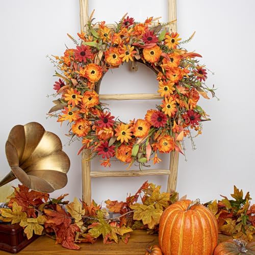 J'FLORU Artificial Fall Wreath 22 Inch Autumn Wreaths for Front Door Orange Daisy Wreath with Wildflowers Berries for Indoor Outdoor Wall Farmhouse Thanksgiving Day Harvest Festival Celebration
